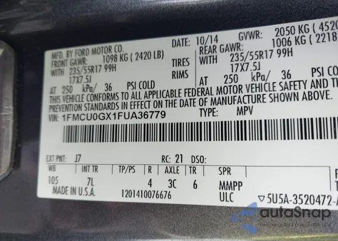2015 Ford Escape Se z USA, uszkodzony, nr VIN 1FMCU0GX1FUA36779